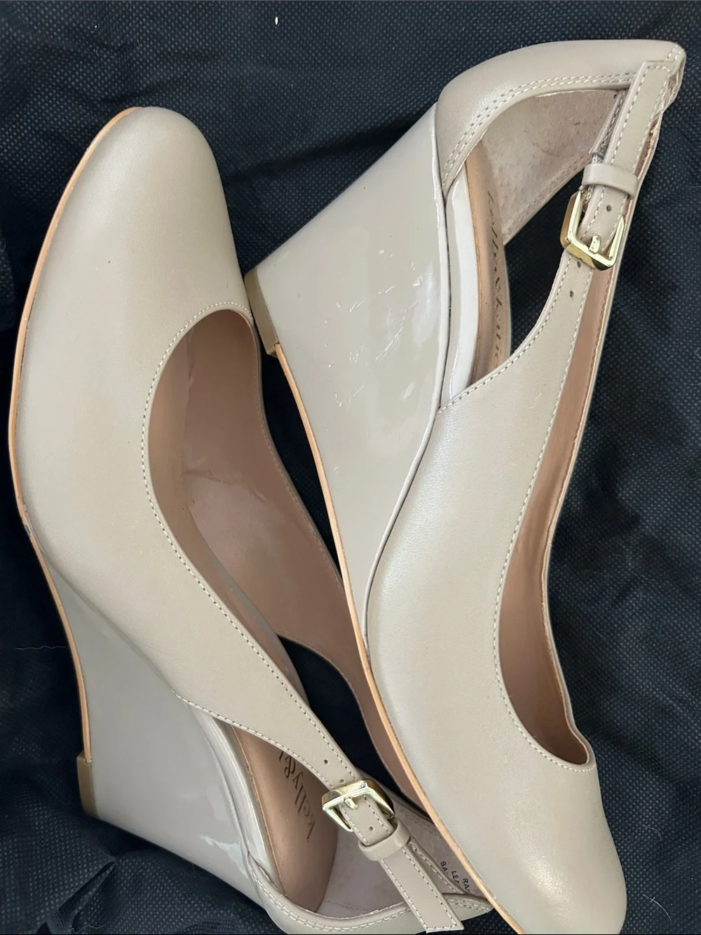 Kelly & Katie Beige Patent and Matte Slingback Wedge Pumps